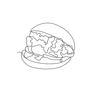 Restoran vektör illüstrasyonunda masaya sürekli çizilmiş bir hamburger çizimi. Minimalist siyah doğrusal konseptli vektör tasarımı. İş değeri tasarımınız için gıda temaları tasarımı