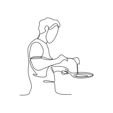 Sürekli çizilen bir şef çizimi bir restoran vektör illüstrasyonunda bir parti için yemek pişirmektir. Minimalist siyah doğrusal tasarımı olan tasarım izole edildi. İş değeri tasarımınız için şef temaları.