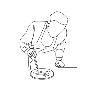 Sürekli çizilen bir şef çizimi bir restoran vektör illüstrasyonunda bir parti için yemek pişirmektir. Minimalist siyah doğrusal tasarımı olan tasarım izole edildi. İş değeri tasarımınız için şef temaları.