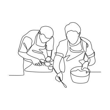 Sürekli çizilen bir şef çizimi bir restoran vektör illüstrasyonunda bir parti için yemek pişirmektir. Minimalist siyah doğrusal tasarımı olan tasarım izole edildi. İş değeri tasarımınız için şef temaları.