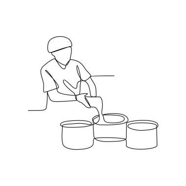 Peynir fabrikası vektör illüstrasyonunda çalışan bir çalışanın kesintisiz çizimi. Endüstriyel aktivite tasarımı illüstrasyon basit doğrusal vektör konsepti. Peynir endüstrisi tasarım vektörü.