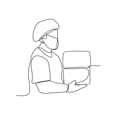 Peynir fabrikası vektör illüstrasyonunda çalışan bir çalışanın kesintisiz çizimi. Endüstriyel aktivite tasarımı illüstrasyon basit doğrusal vektör konsepti. Peynir endüstrisi tasarım vektörü.