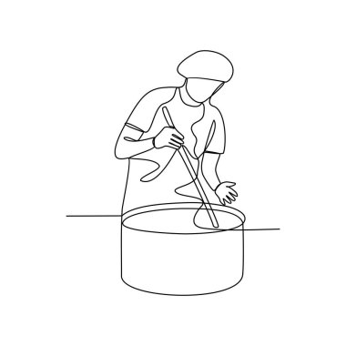 Peynir fabrikası vektör illüstrasyonunda çalışan bir çalışanın kesintisiz çizimi. Endüstriyel aktivite tasarımı illüstrasyon basit doğrusal vektör konsepti. Peynir endüstrisi tasarım vektörü.