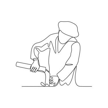 Bir içecek fabrikası vektör illüstrasyonunda çalışan bir çalışanın kesintisiz çizimi. içecek fabrikası faaliyeti illüstrasyonu basit doğrusal konsept vektörü. Varlığınız için uygun.