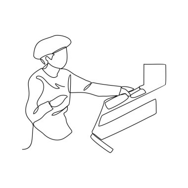 Bir içecek fabrikası vektör illüstrasyonunda çalışan bir çalışanın kesintisiz çizimi. içecek fabrikası faaliyeti illüstrasyonu basit doğrusal konsept vektörü. Varlığınız için uygun.