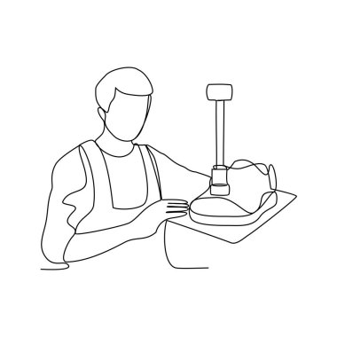 Ayakkabı fabrikası vektör illüstrasyonunda çalışan bir çalışanın kesintisiz çizimi. Ayakkabı fabrikası faaliyet illüstrasyonu basit doğrusal stil konsept vektörü. Varlık tasarımı için uygun