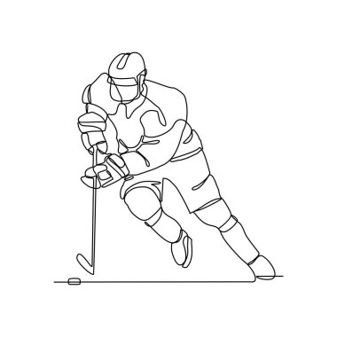 Saha vektör illüstrasyonunda buz hokeyi oynayan insanların sürekli çizdiği bir çizgi. Buz hokeyi tasarımı illüstrasyon basit doğrusal vektör konsepti. Buz Hokeyi tasarımı illüstrasyonu