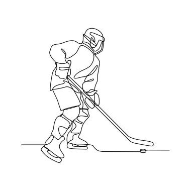 Saha vektör illüstrasyonunda buz hokeyi oynayan insanların sürekli çizdiği bir çizgi. Buz hokeyi tasarımı illüstrasyon basit doğrusal vektör konsepti. Buz Hokeyi tasarımı illüstrasyonu