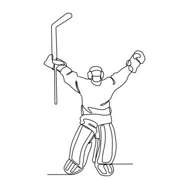 Saha vektör illüstrasyonunda buz hokeyi oynayan insanların sürekli çizdiği bir çizgi. Buz hokeyi tasarımı illüstrasyon basit doğrusal vektör konsepti. Buz Hokeyi tasarımı illüstrasyonu