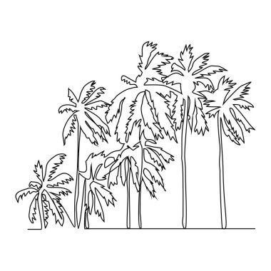 Sahilin yakınında sürekli çizilmiş bir hindistan cevizi ağacı çizgisi. Gölgeli hindistan cevizi ağaçları basit doğrusal bir şekilde sahil atmosferinin tadını çıkarır. Peyzaj ve çevre tasarımı konsepti. Vektör illüstrasyonu