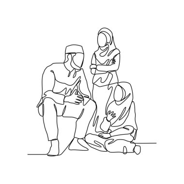 Bir adamın sürekli çizdiği bir çizim oturma odası vektör çiziminde eşi ve kızıyla tartışıyor. Aile etkinliği illüstrasyonu basit doğrusal biçim vektör tasarımı kavramı.