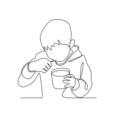 Bir çocuğun sürekli çizdiği bir çizgi onun ev vektör illüstrasyonunda yemek yiyor. Çocuk aktivitesi illüstrasyonu basit doğrusal biçim vektör kavramı. İş değeri tasarımınız için eğitim tasarımı.