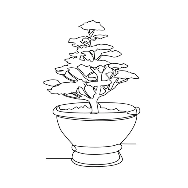 Ev vektör illüstrasyonunun önünde çok güzel bir bonsai bitkisinin sürekli çizimi. Bonsaiplant tasarım illüstrasyonu basit doğrusal vektör konsepti. bitki tasarımı illüstrasyonu