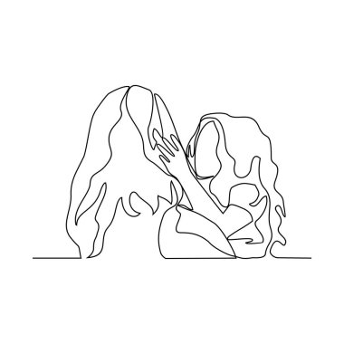 One continuous line drawing of  a mother holding daughter 