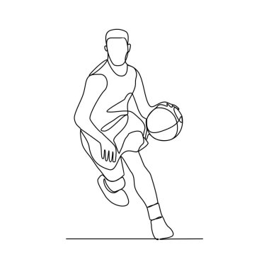 Basketbolcu vektör illüstrasyonunun kesintisiz bir çizimi. Oyuncu topu sürmeyi, pas vermeyi ve potaya şut atmayı ister. Spor tasarımı konsept vektör çizimi
