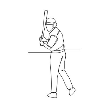 Beysbolcu vektör illüstrasyonunun kesintisiz bir çizimi. Beyzbol oyuncusu fırlatıyor, yakalıyor, vuruyor, kaleye koşuyor ve kayıyor. Sürekli çizgi sporu tasarım vektör çizimi