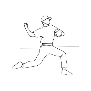 Beysbolcu vektör illüstrasyonunun kesintisiz bir çizimi. Beyzbol oyuncusu fırlatıyor, yakalıyor, vuruyor, kaleye koşuyor ve kayıyor. Sürekli çizgi sporu tasarım vektör çizimi