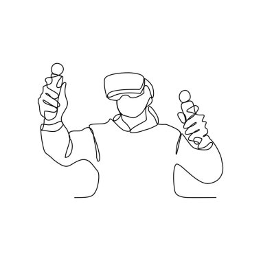 Sürekli çizilen bir çizgi sanal gerçeklik teknolojisi vektör illüstrasyonuyla oynuyor. basit doğrusal vektör konseptinde sanal gerçeklik teknolojisi tasarımı. Varlık tasarımı için uygun.