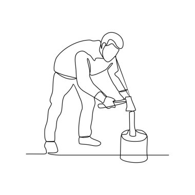 İnsanların sürekli çizdiği bir çizim, ellerinde vektör illüstrasyonundaki baltayla ormanda odunları parçalıyor. Basit doğrusal biçim vektör tasarımı ile ahşap faaliyet illüstrasyonunun bölünmesi.