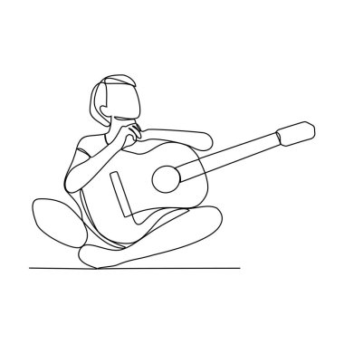 Gitar vektörü illüstrasyonu oynayan insanların sürekli çizdiği bir çizgi. Basit doğrusal vektör konseptinde gitarist illüstrasyonu. Gitar çalan tasarımı varlık tasarımınız için uygundur.