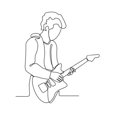 Gitar vektörü illüstrasyonu oynayan insanların sürekli çizdiği bir çizgi. Basit doğrusal vektör konseptinde gitarist illüstrasyonu. Gitar çalan tasarımı varlık tasarımınız için uygundur.