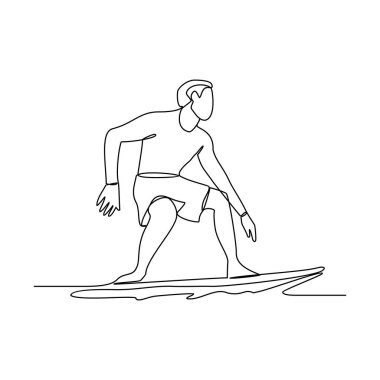 İnsanların sürekli çizdiği çizgilerden biri de yaz mevsimi vektör illüstrasyonunun tadını çıkararak denizde sörf yapmak. Sörf etkinliği tasarımı illüstrasyonu basit doğrusal vektör konsepti. Sörfçü desi