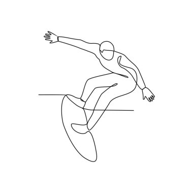 İnsanların sürekli çizdiği çizgilerden biri de yaz mevsimi vektör illüstrasyonunun tadını çıkararak denizde sörf yapmak. Sörf etkinliği tasarımı illüstrasyonu basit doğrusal vektör konsepti. Sörfçü desi