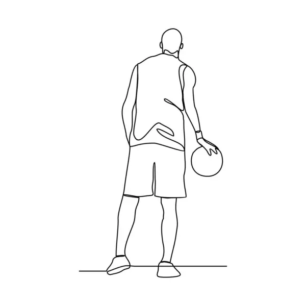 Basketbolcu vektör illüstrasyonunun kesintisiz bir çizimi. Oyuncu topu sürmeyi, pas vermeyi ve potaya şut atmayı ister. Spor tasarımı konsept vektör çizimi