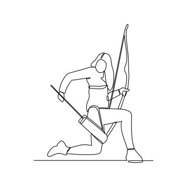 Okçuluk sporcusu illüstrasyonunun kesintisiz bir çizimi. Okçuluk odaklanmayı, konsantrasyonu ve öz disiplini geliştirmek için harika bir yoldur. Okçuluk sporcusu tasarım konsepti.
