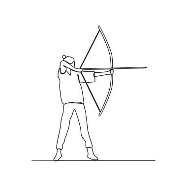 Okçuluk sporcusu illüstrasyonunun kesintisiz bir çizimi. Okçuluk odaklanmayı, konsantrasyonu ve öz disiplini geliştirmek için harika bir yoldur. Okçuluk sporcusu tasarım konsepti.