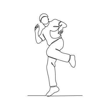 Break dans yapan insanların sürekli bir çizgi çizimi vektör tasarım illüstrasyonu. Breakdance dört ana elementten oluşur: Toprock, Downrock, Power Motions ve Freezes. Breakdance tasarım konsepti.