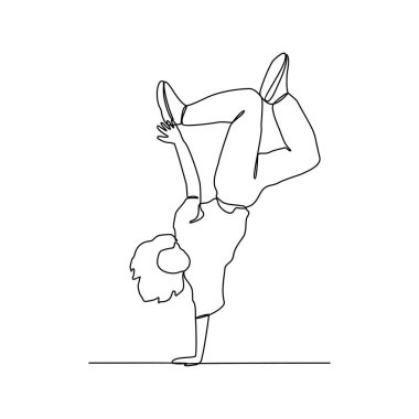 Break dans yapan insanların sürekli bir çizgi çizimi vektör tasarım illüstrasyonu. Breakdance dört ana elementten oluşur: Toprock, Downrock, Power Motions ve Freezes. Breakdance tasarım konsepti.