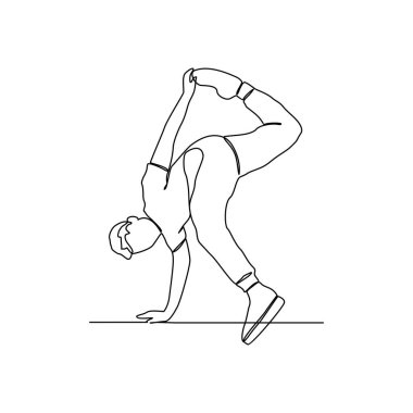 Break dans yapan insanların sürekli bir çizgi çizimi vektör tasarım illüstrasyonu. Breakdance dört ana elementten oluşur: Toprock, Downrock, Power Motions ve Freezes. Breakdance tasarım konsepti.