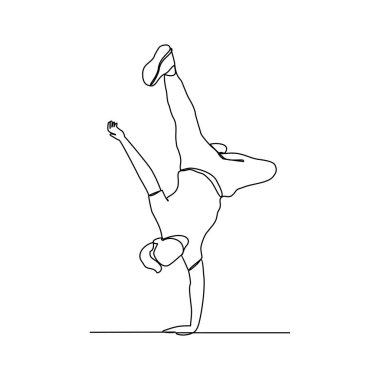 Break dans yapan insanların sürekli bir çizgi çizimi vektör tasarım illüstrasyonu. Breakdance dört ana elementten oluşur: Toprock, Downrock, Power Motions ve Freezes. Breakdance tasarım konsepti.