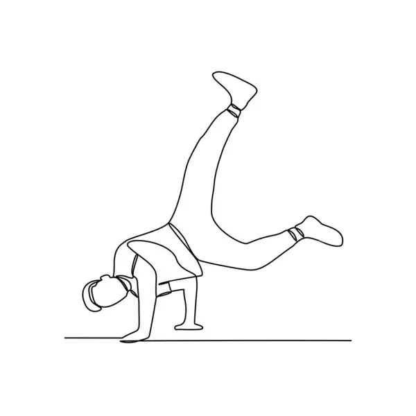 Break dans yapan insanların sürekli bir çizgi çizimi vektör tasarım illüstrasyonu. Breakdance dört ana elementten oluşur: Toprock, Downrock, Power Motions ve Freezes. Breakdance tasarım konsepti.