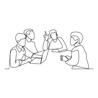 İş adamlarının devamlı çizdiği bir çizim müşterilerinin önünde işlerini tartışıyor ve sunuyorlar. İş adamları basit sürekli çizgi biçimi tasarım vektöründe faaliyet gösterirler.