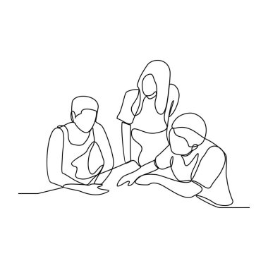 İş adamlarının devamlı çizdiği bir çizim müşterilerinin önünde işlerini tartışıyor ve sunuyorlar. İş adamları basit sürekli çizgi biçimi tasarım vektöründe faaliyet gösterirler.