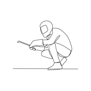 İnşaat projesi çiziminde kaynak makinesi kullanan bir kaynakçının kesintisiz çizimi. Basit doğrusal tasarım konseptinde kaynakçı faaliyeti. İnşaat projesinde çalışan işçiler.