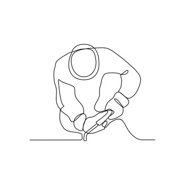 İnşaat projesi çiziminde kaynak makinesi kullanan bir kaynakçının kesintisiz çizimi. Basit doğrusal tasarım konseptinde kaynakçı faaliyeti. İnşaat projesinde çalışan işçiler.