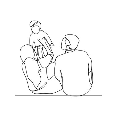Ebeveynlerin çocuklarının vektör çizimleriyle oynadığı kesintisiz bir çizgi. Aile aktiviteleri neşe getirir, bağları güçlendirir, ve basit doğrusal sürekli vektör içinde değerli bir tasarım yaratır..