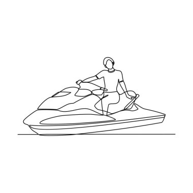 Jet ski vektör illüstrasyonu oynayan insanların sürekli çizdiği bir çizgi. Jet ski tasarımı basit lineer sürekli stil vektör konseptinde. Varlık vektör tasarımı illüstrasyonunuz için spor temaları tasarımı.