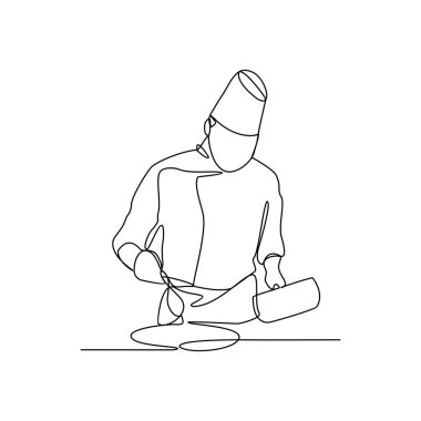 Restoran vektör illüstrasyonunda yemek ve içecek siparişi veren müşteriler için sürekli bir Şef çizimi. Basit doğrusal vektör tasarım konseptinde restoran etkinliği.