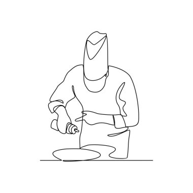 Restoran vektör illüstrasyonunda yemek ve içecek siparişi veren müşteriler için sürekli bir Şef çizimi. Basit doğrusal vektör tasarım konseptinde restoran etkinliği.