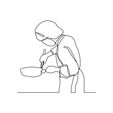 Restoran vektör illüstrasyonunda yemek ve içecek siparişi veren müşteriler için sürekli bir Şef çizimi. Basit doğrusal vektör tasarım konseptinde restoran etkinliği.