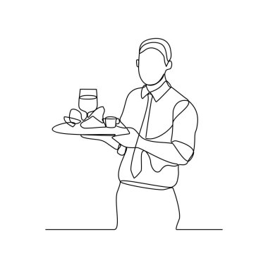 Garsonun sürekli çizdiği çizimlerden biri, restoran vektör illüstrasyonunda akşam yemeği ve içecek siparişi veren müşterilere servis yapmaktır. Basit doğrusal vektör tasarım konseptinde restoran etkinliği.