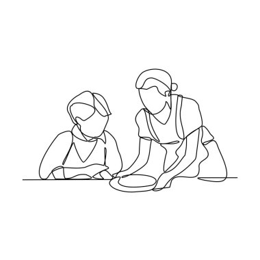 Garsonun sürekli çizdiği çizimlerden biri, restoran vektör illüstrasyonunda akşam yemeği ve içecek siparişi veren müşterilere servis yapmaktır. Basit doğrusal vektör tasarım konseptinde restoran etkinliği.