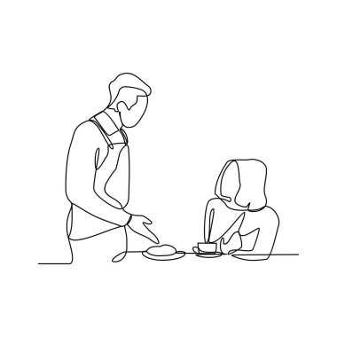 Garsonun sürekli çizdiği çizimlerden biri, restoran vektör illüstrasyonunda akşam yemeği ve içecek siparişi veren müşterilere servis yapmaktır. Basit doğrusal vektör tasarım konseptinde restoran etkinliği.