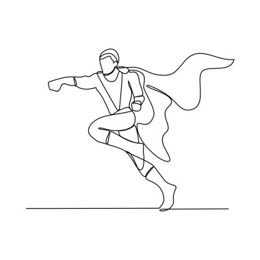 Süper kahraman aksiyon vektör tasarımı illüstrasyonunun kesintisiz bir çizimi. Fevkalade yetenekleri ve gücü olan hayali karakter, basit, sürekli stil vektör tasarımı kavramında..