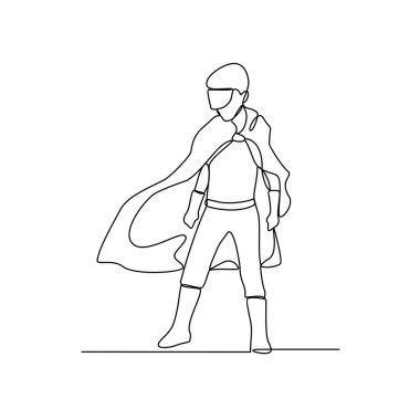 Süper kahraman aksiyon vektör tasarımı illüstrasyonunun kesintisiz bir çizimi. Fevkalade yetenekleri ve gücü olan hayali karakter, basit, sürekli stil vektör tasarımı kavramında..