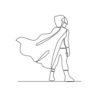 Süper kahraman aksiyon vektör tasarımı illüstrasyonunun kesintisiz bir çizimi. Fevkalade yetenekleri ve gücü olan hayali karakter, basit, sürekli stil vektör tasarımı kavramında..